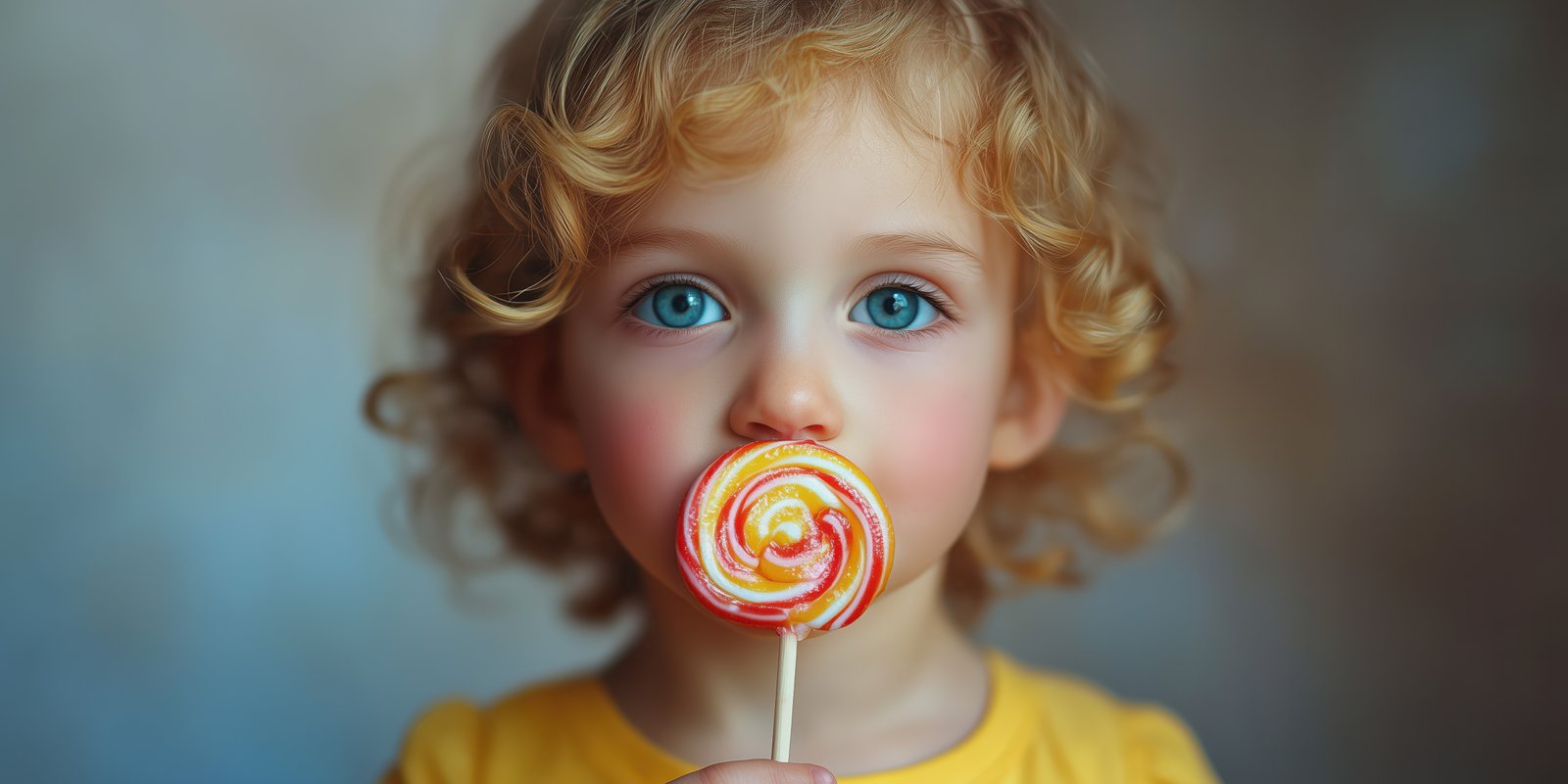 Child with curly hair holding a colorful lollipop during a playful moment indoors